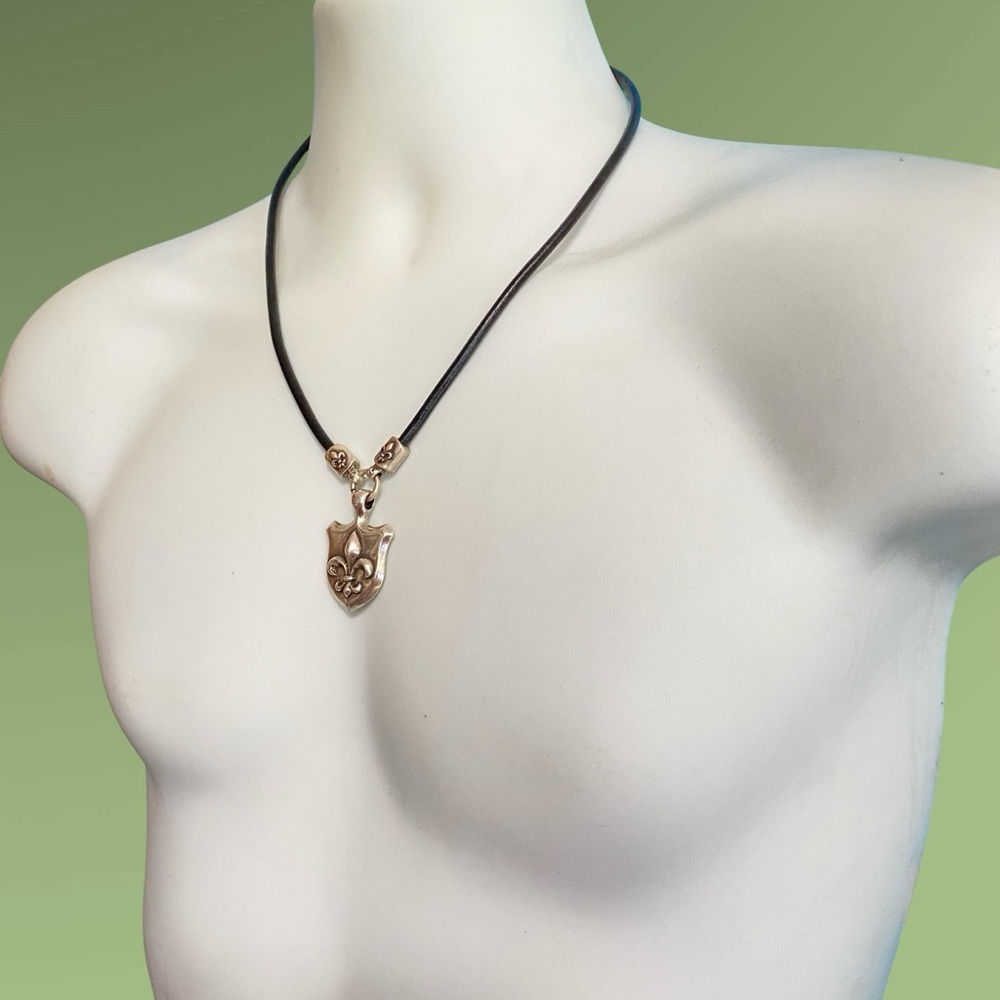 STIGMA Fleur De Lis Pewter Pendant On Black Leatherette Cording Unisex Goth